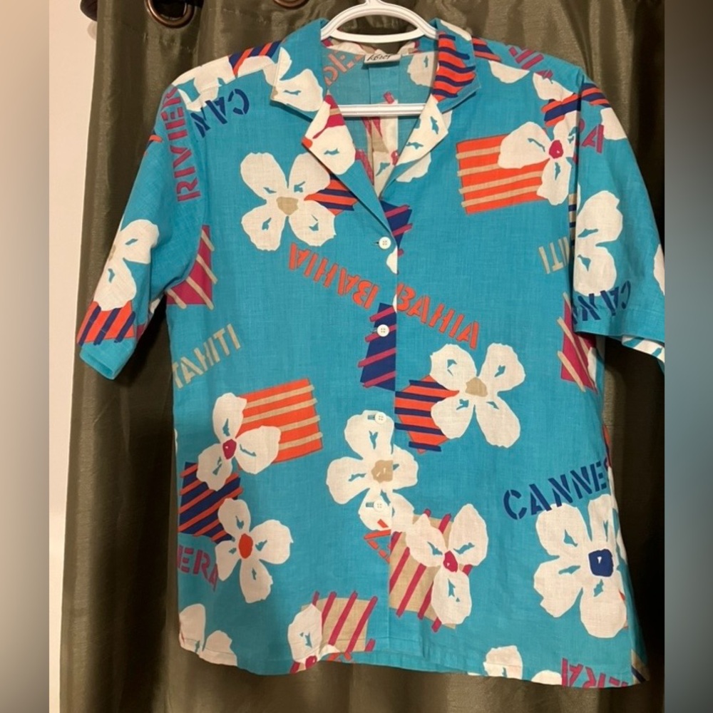 Vintage Tropical Print Short Sleeve Button-Up Shirt